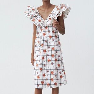 Zara Floral Grid Ruffle Midi Dress V-Neck Sleeveless Sundress